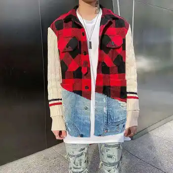 

2020 autumn models wash and do the old tailoring sweater sleeves stitching red plaid shirt GL jacket men