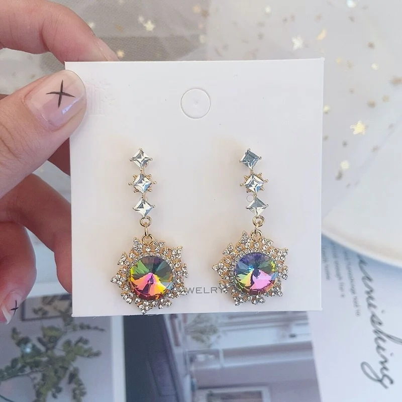MENGJIQIAO Корейский Блестящий Rhinestone круглые Висячие серьги для женщин модные хрустальные Brincos милый подарок вечерние ювелирные изделия - Окраска металла: colorful