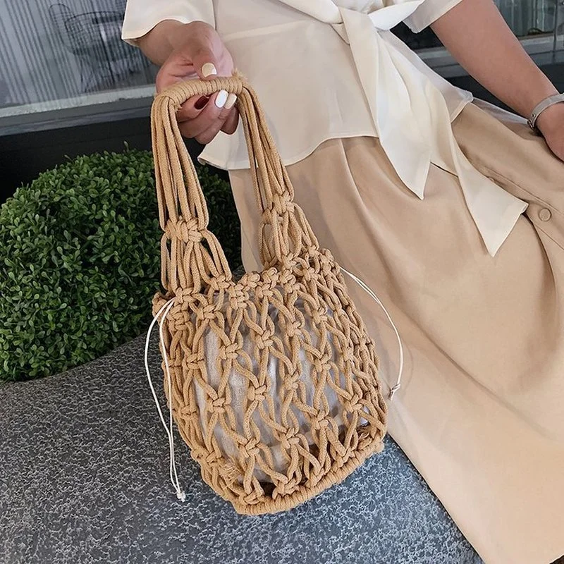 

Casual Hollow Rope Woven Women Handbags Fishnet Straw Bags Summer Beach Shoulder Bag Large Capacity Tote Big Bucket Purses 2021