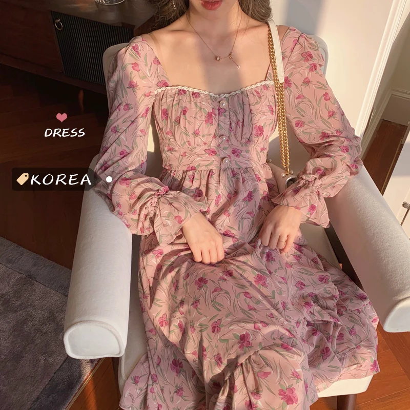 

VICONE French Platycodon Grandiflorum Chiffon Court Floral Dress Female 2020 Spring Summer New Style Waist Hugging Slim Dress