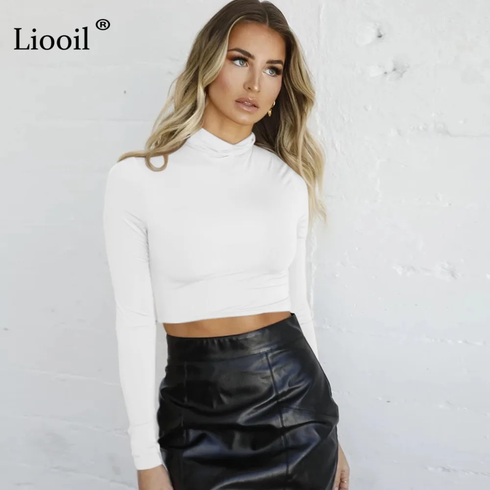 Белый Liooil, зеленый облегающий короткий топ, черный, белый, Сексуальная футболка, весенняя, осенняя одежда для женщин, длинный рукав, водолазка, пуловер, топы - Цвет: Белый
