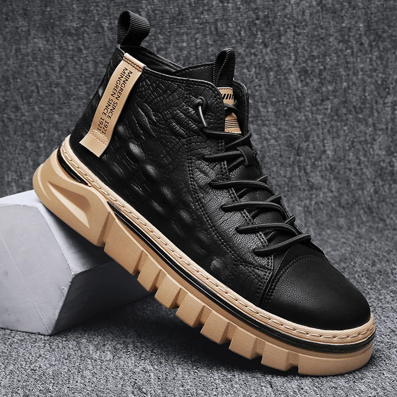 

Winter Men's Ankle Boots with Warming Fur High Quality Microfiber Lace Up Men's Boots Indentation Outdoor Trend Men's Work Shoes