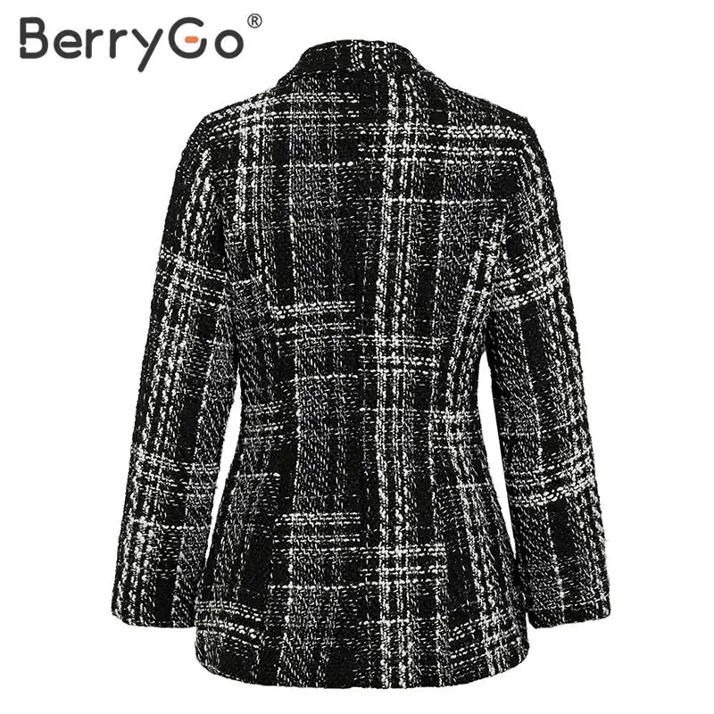 BerryGo, винтажный клетчатый женский Блейзер, пальто, уличная одежда, Женский блейзер, куртки, длинный рукав, v-образный вырез, пуговицы, Осень-зима, женские блейзеры