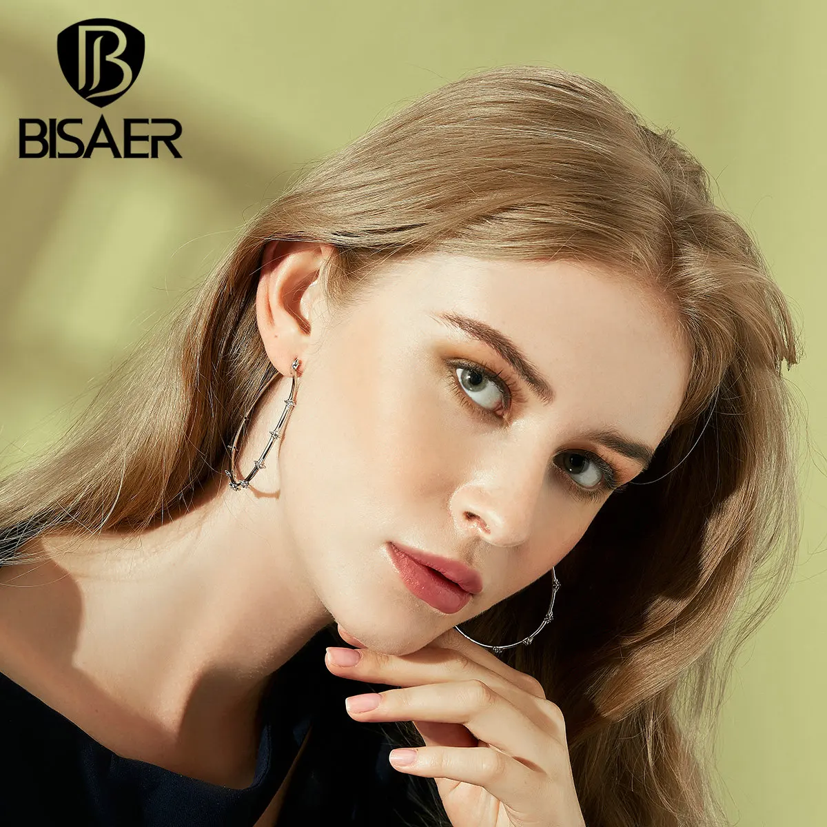 Большие круглые серьги BISAER,, простые серьги-гвоздики со звездами для женщин, модные серебряные ювелирные изделия EHE014