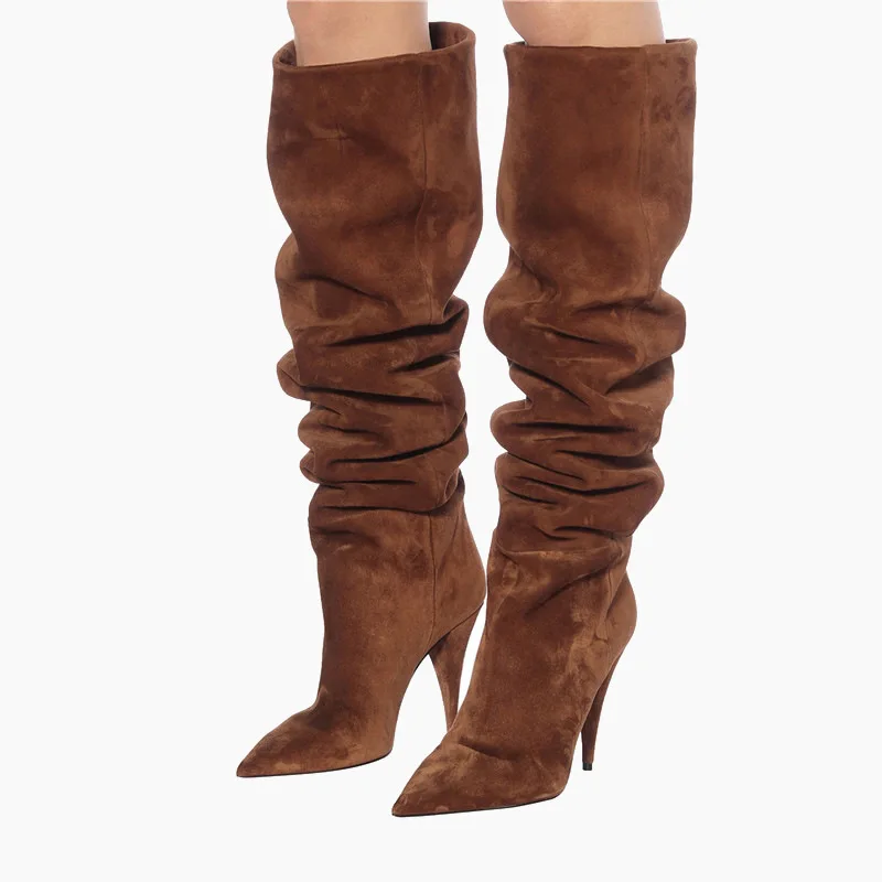 Color sólido plisado señaló delgada tacones mujeres hasta la rodilla botas talla grande 35-44 2020 Zapatos De las señoras De moda De Zapatos De Mujer