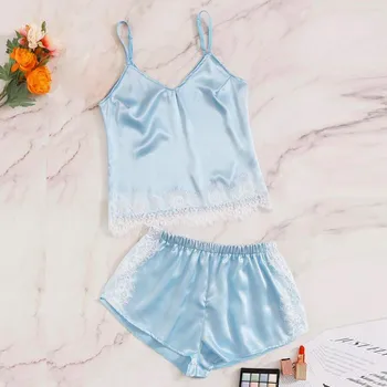 

women pijamas Set Sexy Satin Pajama Black Lace V-Neck Pyjamas Sleeveless Lovely Cami Top and Shorts pajamas for women пижама