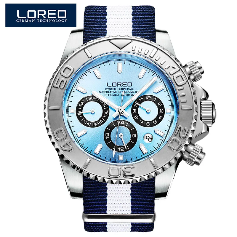 ^Cheap LOREO Waterproof 200M Multi-function 6-pin rotation Top Brand Silver Blue Mens Mechanical Watches Automatic Watch Men NEW