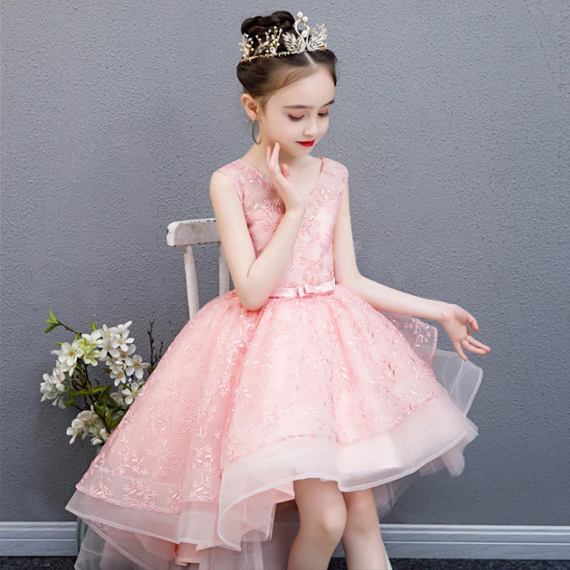 Милые Розовые Платья с цветочным узором для девочек платье принцессы для первого причастия детское платье для выпускного бала с коротким передом и длинной спинкой