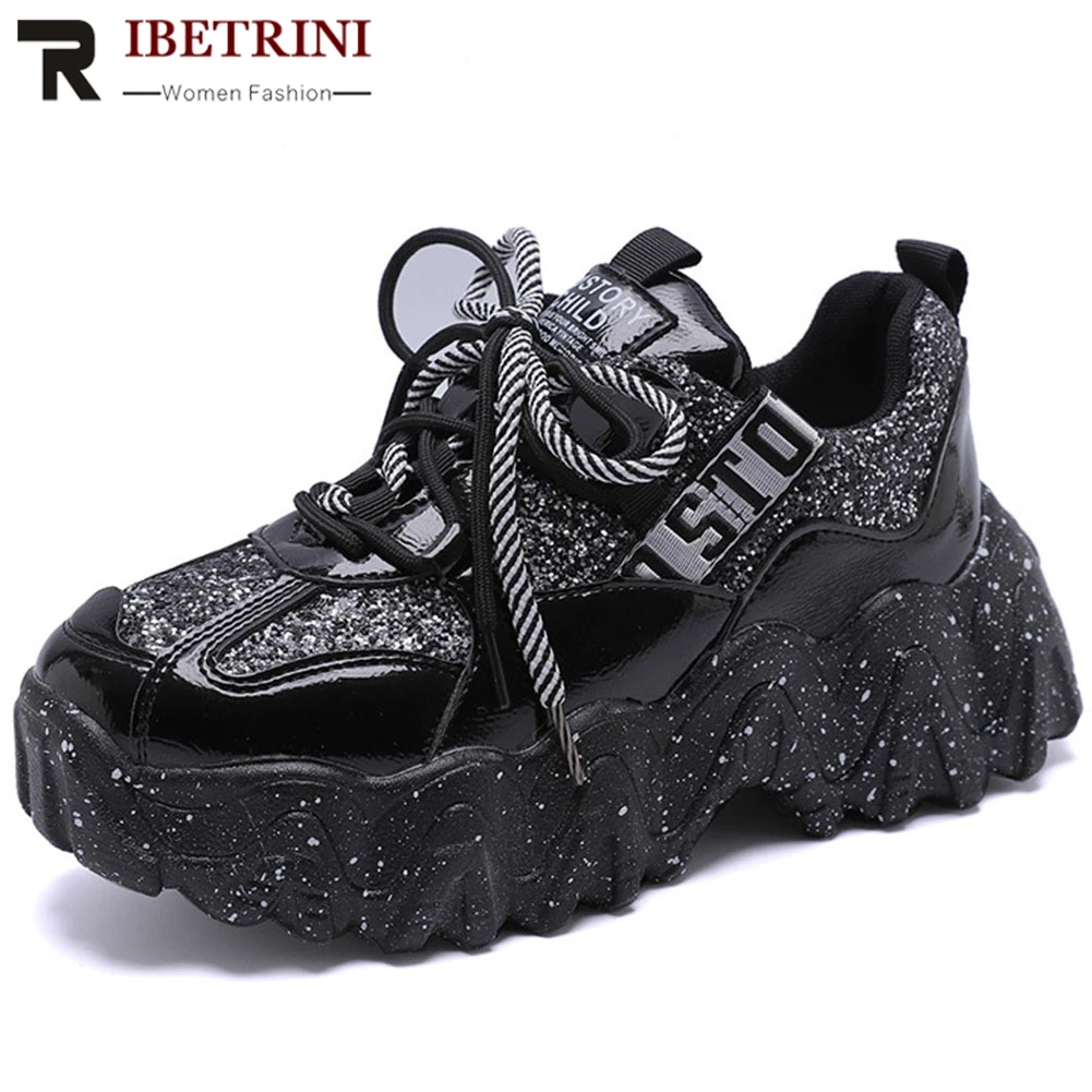 

RIBETRINI Cool Female Spring Shoes Woman Sport Casual Leisure Lace Up Bling Flats Women Platform Round Toe Fashion Flats