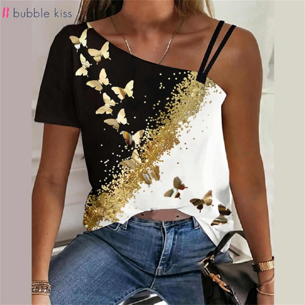 

BubbleKiss Spring Fashion Women Tops Golden Butterfly Print One-Shoulder T-Shirts Casual Short Sleeve Tee Top Female Women
