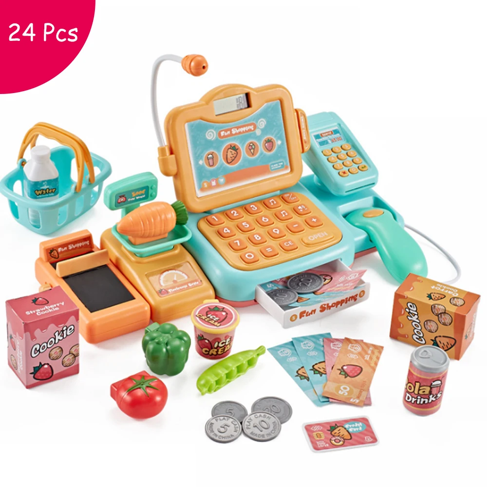 24Pcs Supermarket Checkout Counter Foods Goods Simulation Toys Kids Pretend Play Shopping Cash