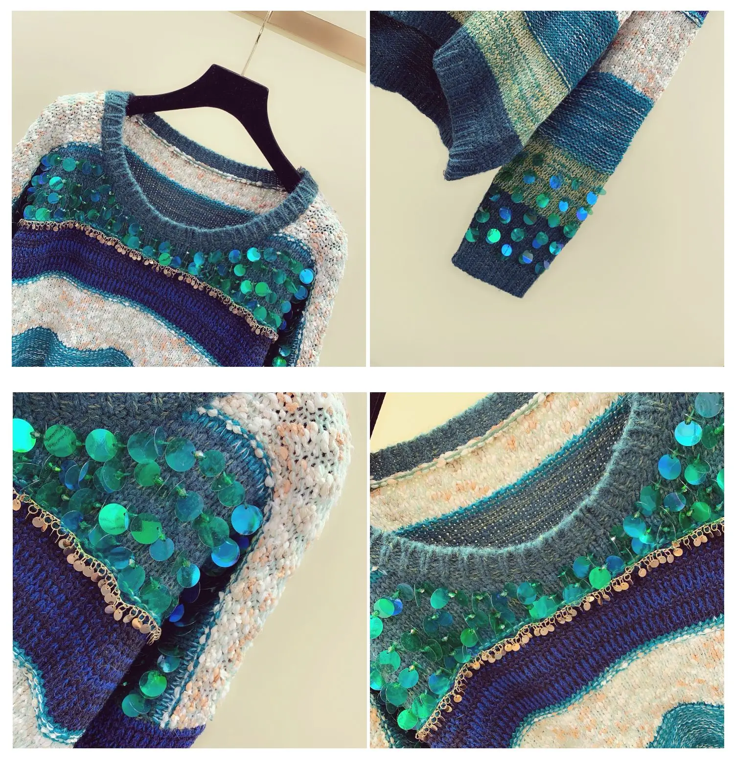 Women Sequined Sweater And Pullovers Beading Long Sleeved Korean Fashion Knit Sweater Rainbow Striped Loose Jumper Sueter Mujer