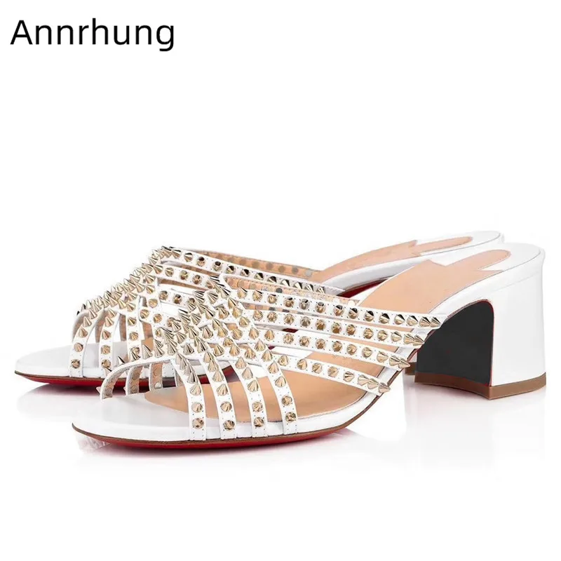 

Cross Over Narrow Band Slippers Studded Summer Shoes Woman Cozy Square Mid Heel Open Toe Slides New Chic Hollow Slippers Shoes
