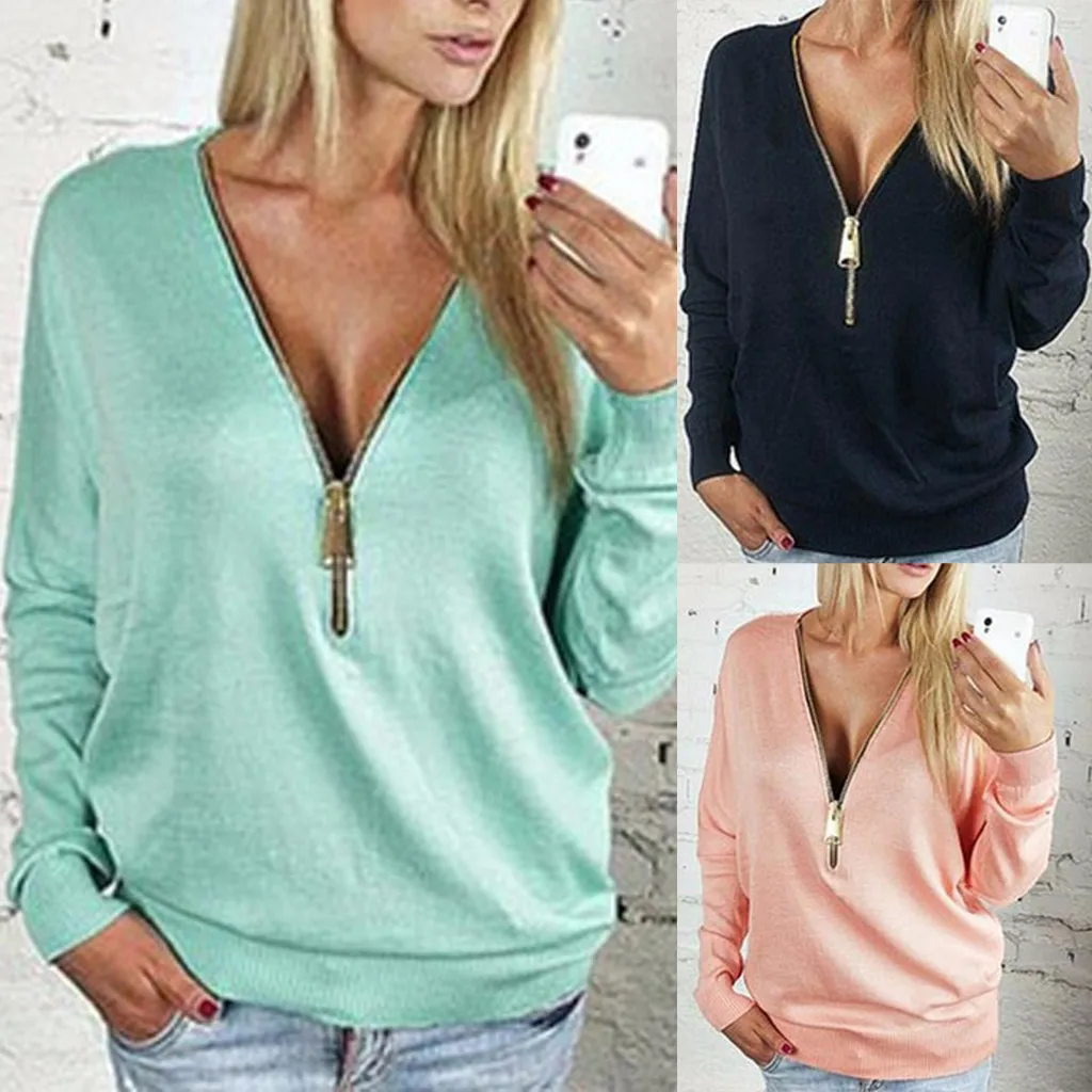 

Sweatshirts Ladies Zipper Deep V Pure Color Long Sleeves polyester Pullover Women streetwear Oversized Hoodie Top sudadera mujer
