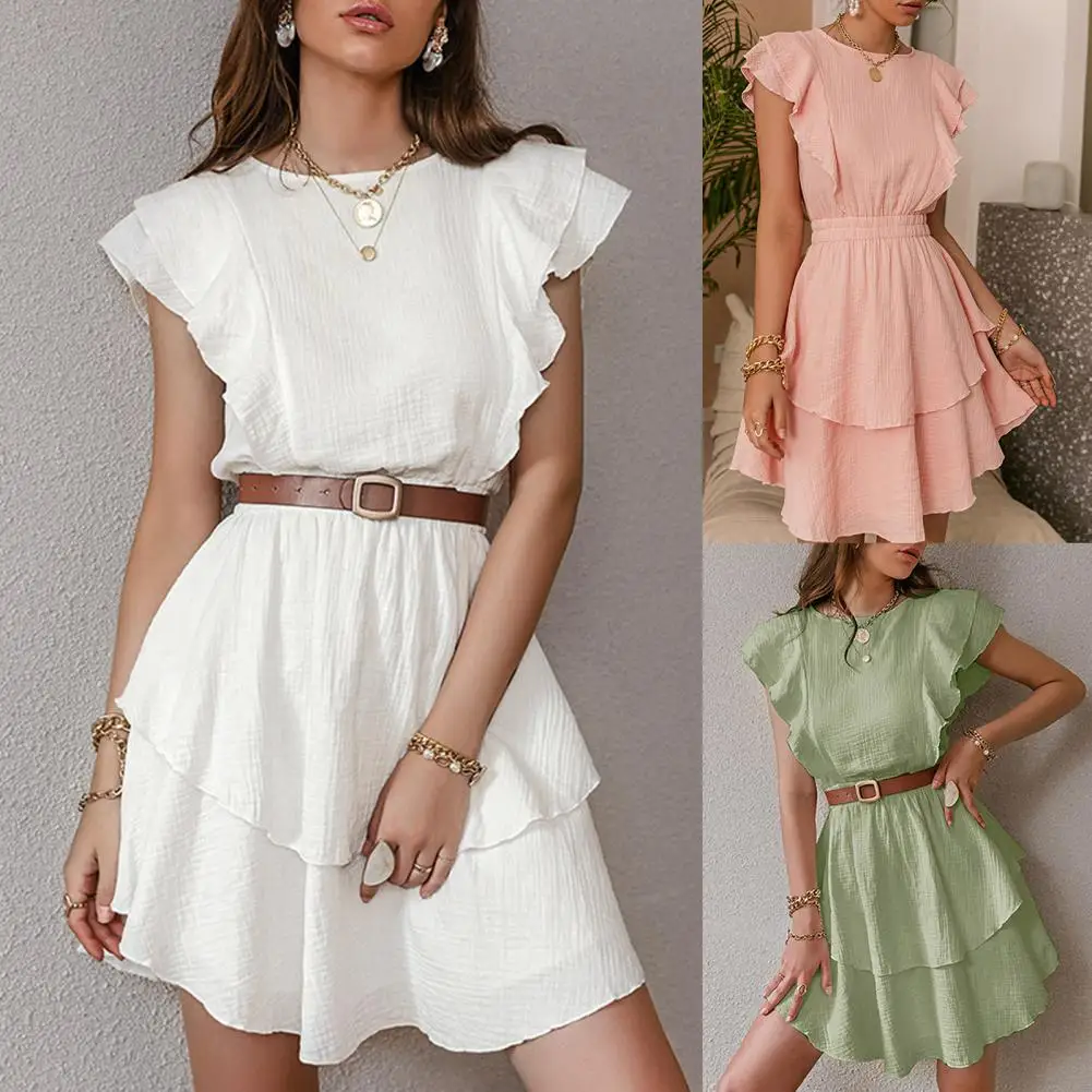 

Ladies Sweet Dress O Neck Elastic Band Solid Color Mid-length Layered Tight Waist Women Sleeveless Summer Ruffled Dress Vestidos