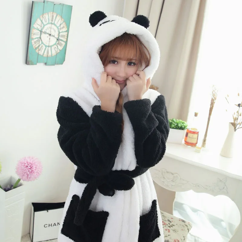 hooded panda Зимний Халат с капюшоном в виде животных для женщин и мужчин, фланелевый теплый Халат с капюшоном, ночная рубашка, Длинные флисовые халаты - Цвет: hooded panda