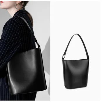 

LIKETHIS 2021 Women's Bag Quality Genuine Leather Designer Cross Body Shoulder Bag Office Lady Solid Bucket Big Tote Bags Sac