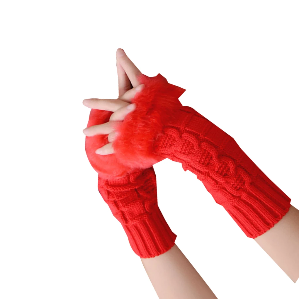 Женские теплые зимние перчатки с помпоном без пальцев меховые рукавицы на