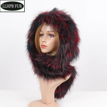 

New Russian Women Winter Fluffy Natural Fox Fur Scarves Lady Warm Knitted Real Fox Fur Hooded Scarf Luxury Real Fur Hats Scarves