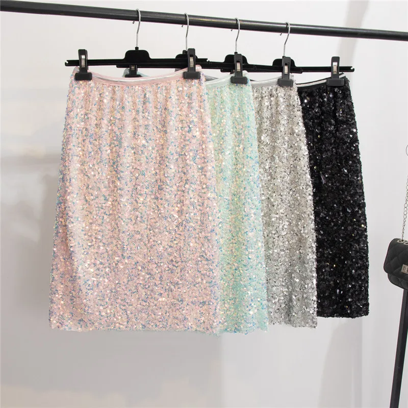 

Flectit Glittery Sequin Skirt Womens Green Pink Silver Shiny Midi Skirts Christmas Party New Year Outfits *