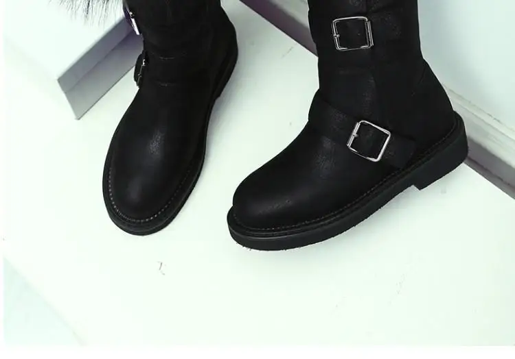 Шикарные зимние сапоги; женские сапоги из лисьего меха; Botas Mujer; кожаные сапоги до середины икры; женская модная теплая обувь; chaussures femme; Botines Mujer;