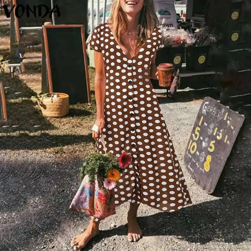 

Summer Dress 2020 VONDA Women Dot Printed Casual Loose Sexy V neck Maxi Dress Evening Party Bohemian Vestido Maternity Robe 5XL