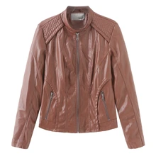 Long Sleeve Mandarin Collar Autumn Winter Women's Clothing Fashion Casual Solid Pu Faux Leather Jacket Lady Outerwear Motorcycle