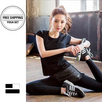 

T Shirts + Pants 2 Pcs Quick Dry sportswear Gym Leggings Female T-shirt Fitness Tights Sport Suit Top Yoga Set Women Tracksuit