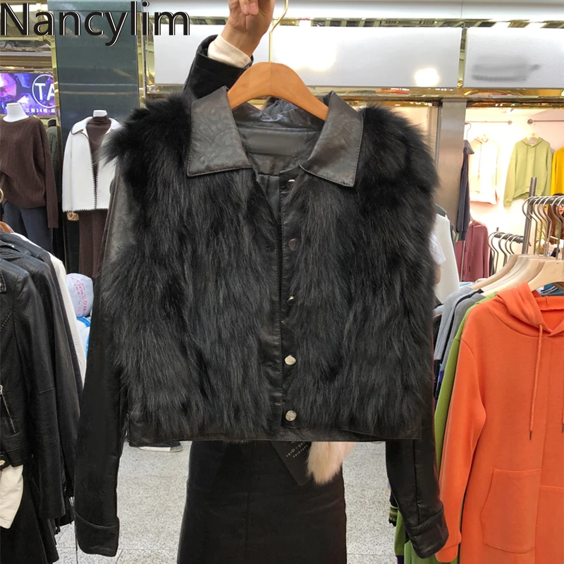 Зимняя Новинка куртка из искусственной кожи с натуральным лисьим мехом Женская