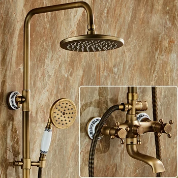 

Antique Brass Bathroom Faucet Bathroom Wall Mounted Hand Held Shower Head Kit Shower Faucet Set Blue And White Porcelain Shower