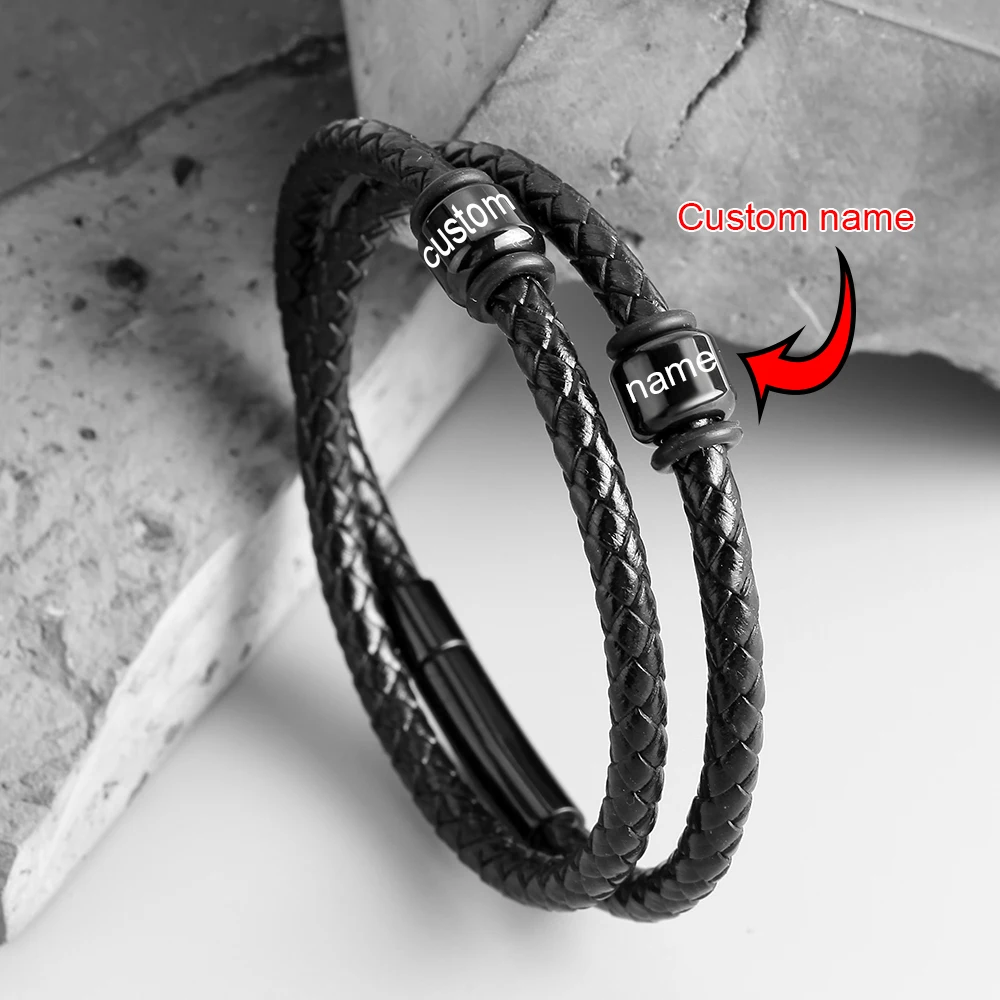 

Personalized Stainless Steel Charm Bracelets Genuine Leather Braided Rope Men Bracelet Custom With 2 Name Beads Husband Gift