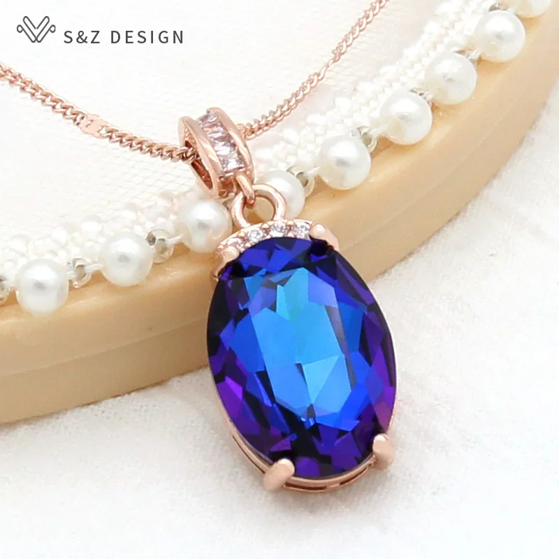 S&Z DESIGN Fashion Elegant Oval Large Crystal Necklace For Women Girl Wedding Party 585 Rose Gold Color Jewelry