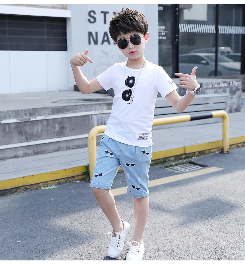S058-w Wholesale Little Small Boy Clothes Children Kids Two-Piece Suit Yellow T Shirt Jeans Cheap Little Boys Short Sets - Цвет: S058-w