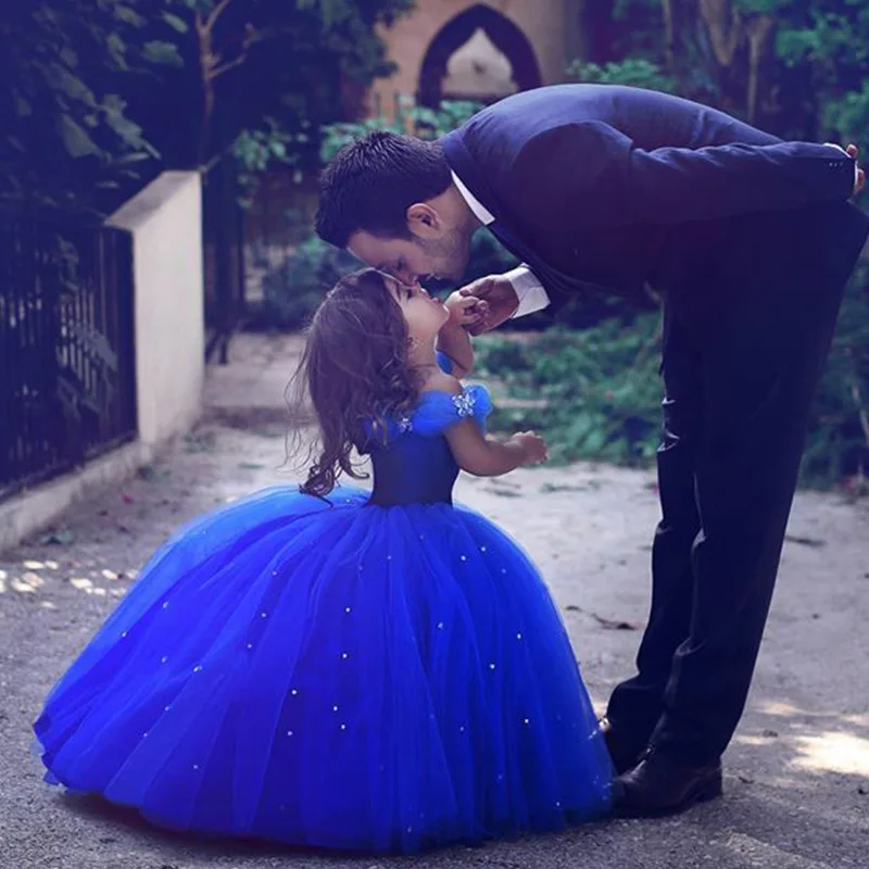 

Long Princess Cinderella Flower Girl Dresses Off-the-shoulder Floor Length Ball Gown Blue Kids Pageant Gowns Newest Design