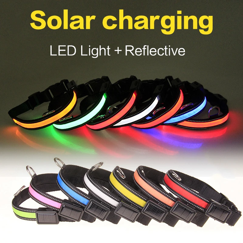 Solar LED Dog Collar Light USB Rechargeable Reflective Glowing Collars For Dogs Light Colar