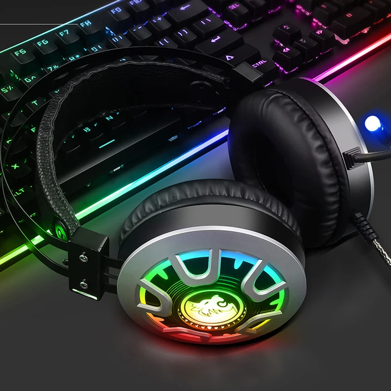 Wired Gaming Headphones Stereo Sound PC Earphones Noise Reduction with Mic Colorful RGB Light Volume Control for Desktop Laptop