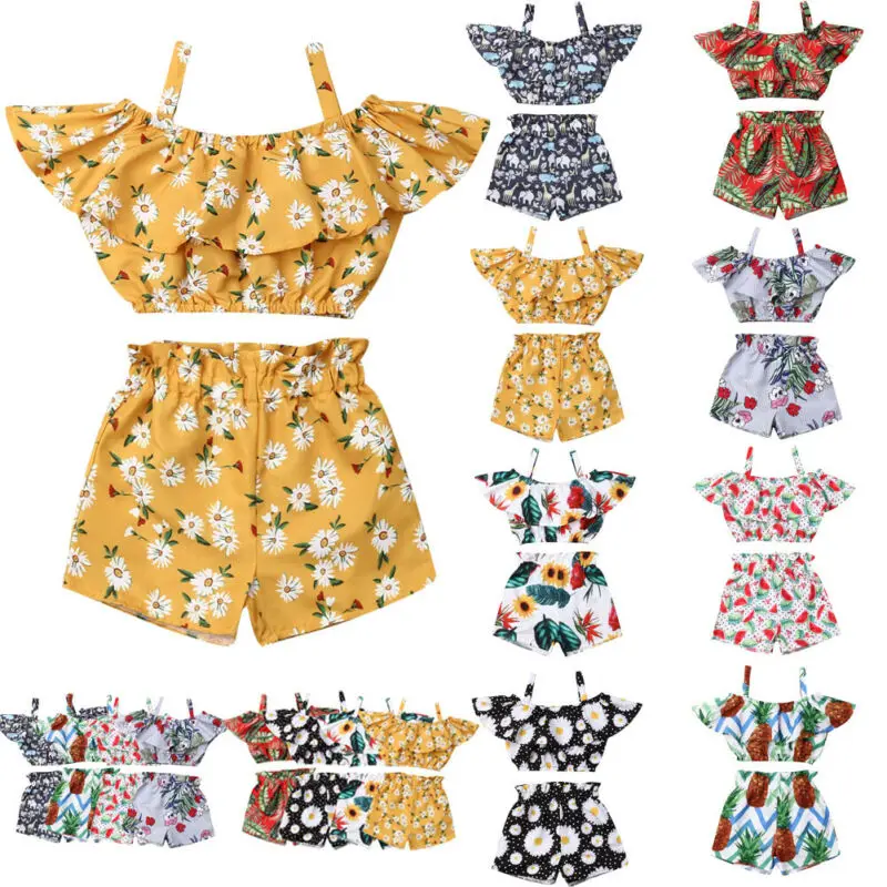 Kids Girls Clothing Sets 1-6 Years Summer Off Shoulder Sling Vest Tank Tops Shorts Pants Set Baby Clothing Children Outfits