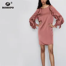 ROHOPO/розовое мини-платье с круглым воротником и длинными рукавами, сплошная шикарная элегантная одежда из мягкой ткани для девочек#9011