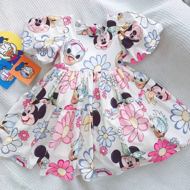 Summer Baby Girl Casual Dress Kids Toddler Mickey Mouse Daisy Cartoon Puff Sleeve Clothes Girls Backless Cute Princess Dresses Disney---Dress