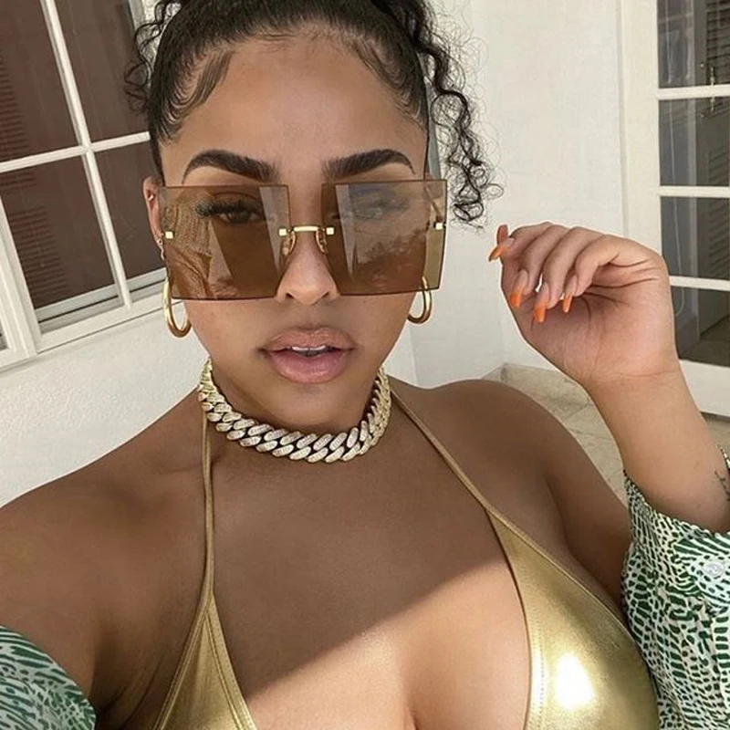 

Square Oversized Sunglasses Women Vintage Luxury Rimless Sun Glasses For Female Big Frame Gradient Mirror Metal Oculos De Sol