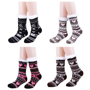 

New Cute Ladies Fleece Home Floor Sock Fall Winter Warm Bed Female Non-Slip Coral Fleece Christmas Printed Socks