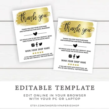 

Custom social media business cards Gold Thank You Card Template, Thank You For Your Order Cards Template, Small Business,