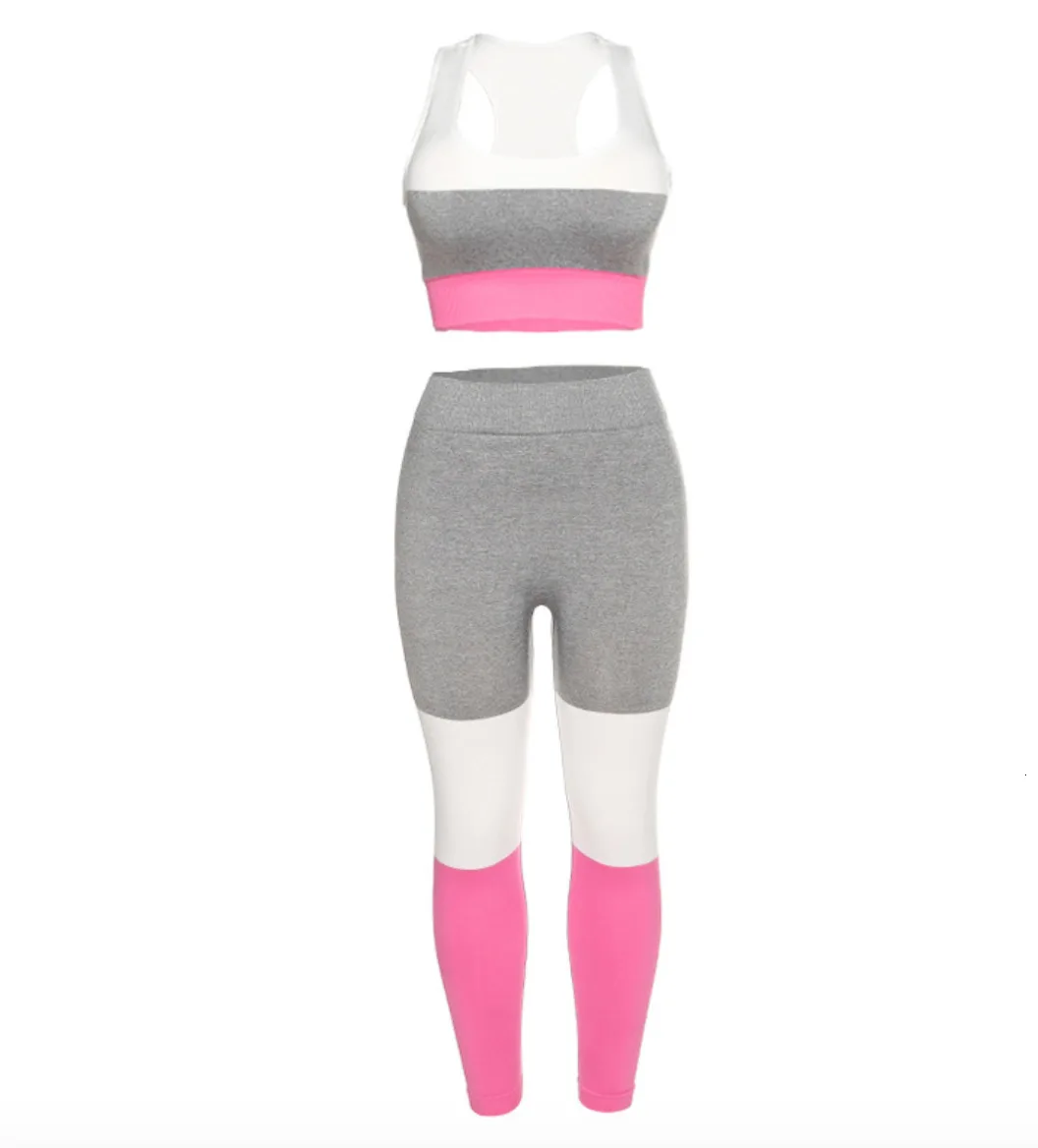 Женское Бесшовное для тренировки трикотажный спортивный костюм майка леггинсы комплект из 2 предметов Модные женские эластичные фитнес с высокой талией розовые леггинсы костюм - Цвет: pink