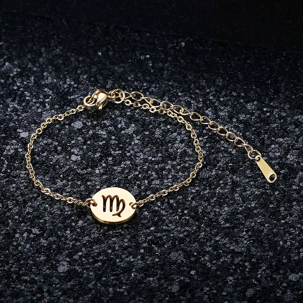 Golden Color 12 Constellation Zodiac Charm Bracelet for Women Female
