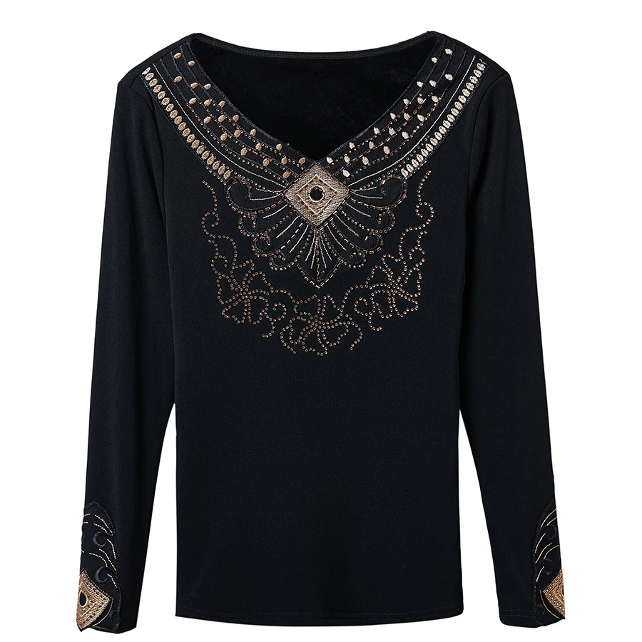  Autumn fashion embroidery hot drilling long sleeve women blouse shirt casual plus size elegant blou