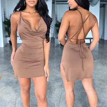 

Sexy Women Backless Slit Mini Dress Solid Color Backless Spaghetti Straps Dress Bodycon Evening Party Clubwear V Neck Mini Dress