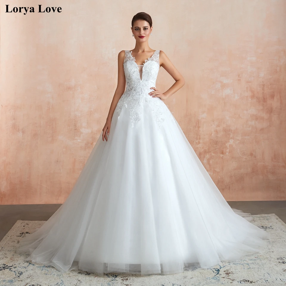 

100% Real Pic Ball Gown Wedding Dresses 2020 New Mariage Deep V Neck Tulle Lace Appliques Sequined Summer Bride Gowns robe Stock