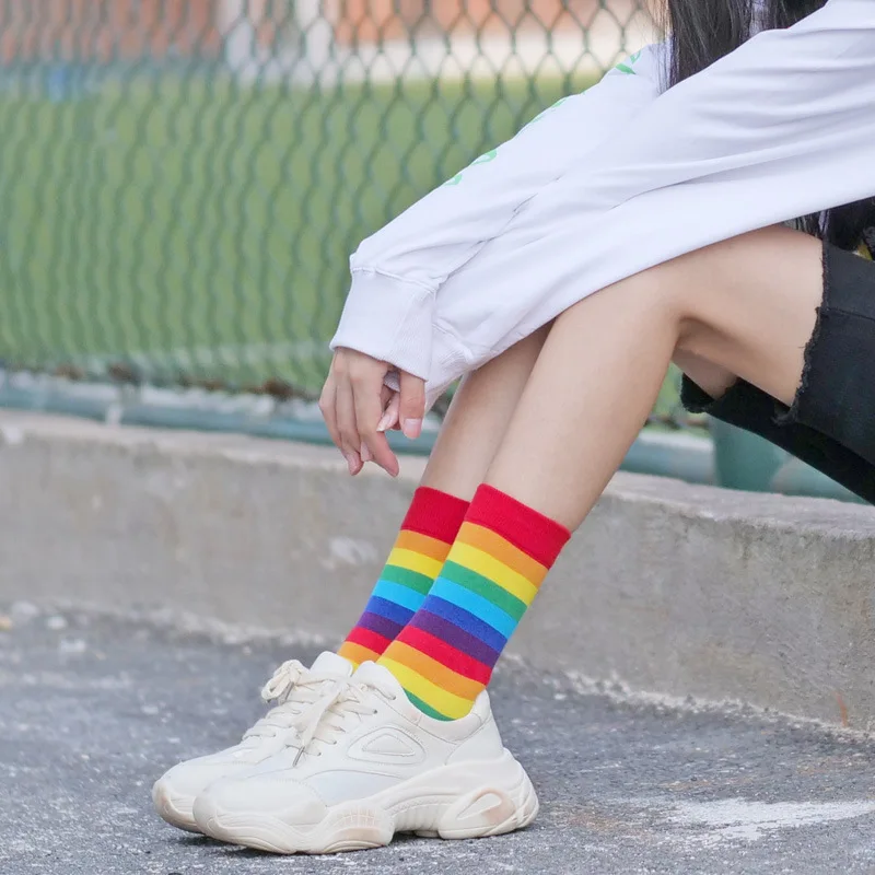 

Cotton Elasticity Sweat Women's Long Socks Luxury Candy Color Rainbow Striped Sporty Meias Casual Retro Harajuku Socks