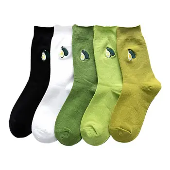 

5 Pairs Womens Girls Autumn Cotton Crew Socks Avocado Fruit Embroidery Hosiery