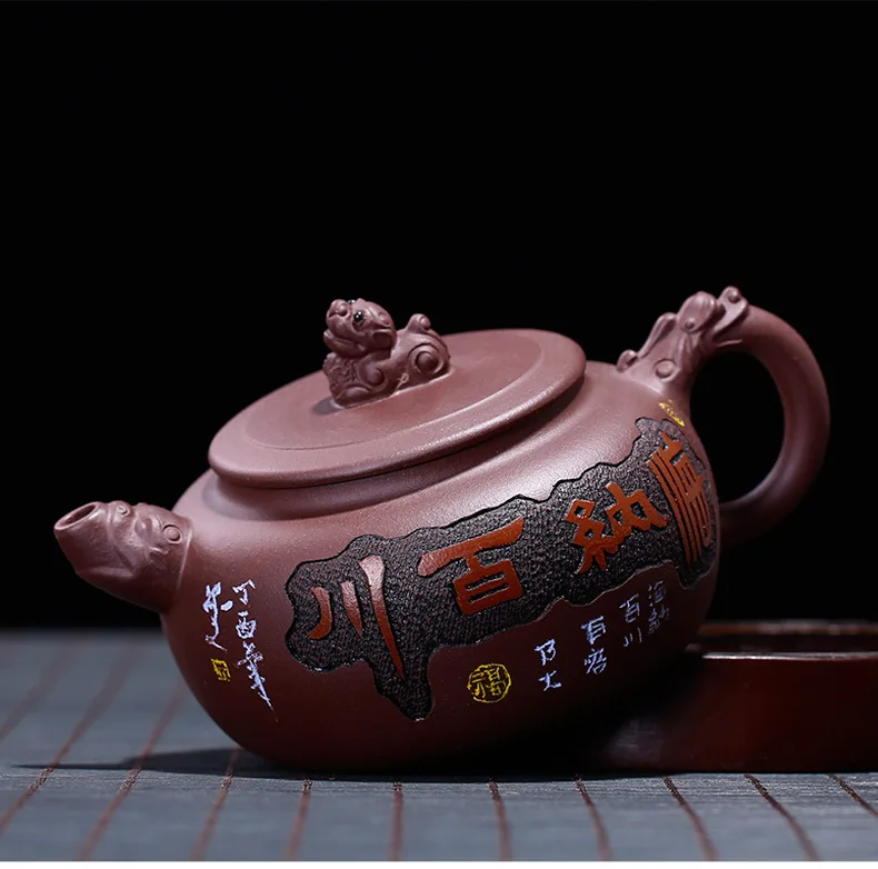 Yixing Clay Teapot Raw Ore Old Purple Clay All Rivers Run into Sea Coloured Drawing Entirely Handmade Teapot Gift Customization